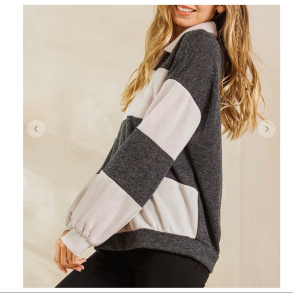 29 Boho Color Block Stretch Collared Top - Picture 3 of 5